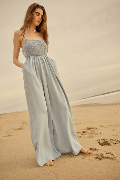 Into the Blue Smocked Denim Wide-Leg Jumpsuit