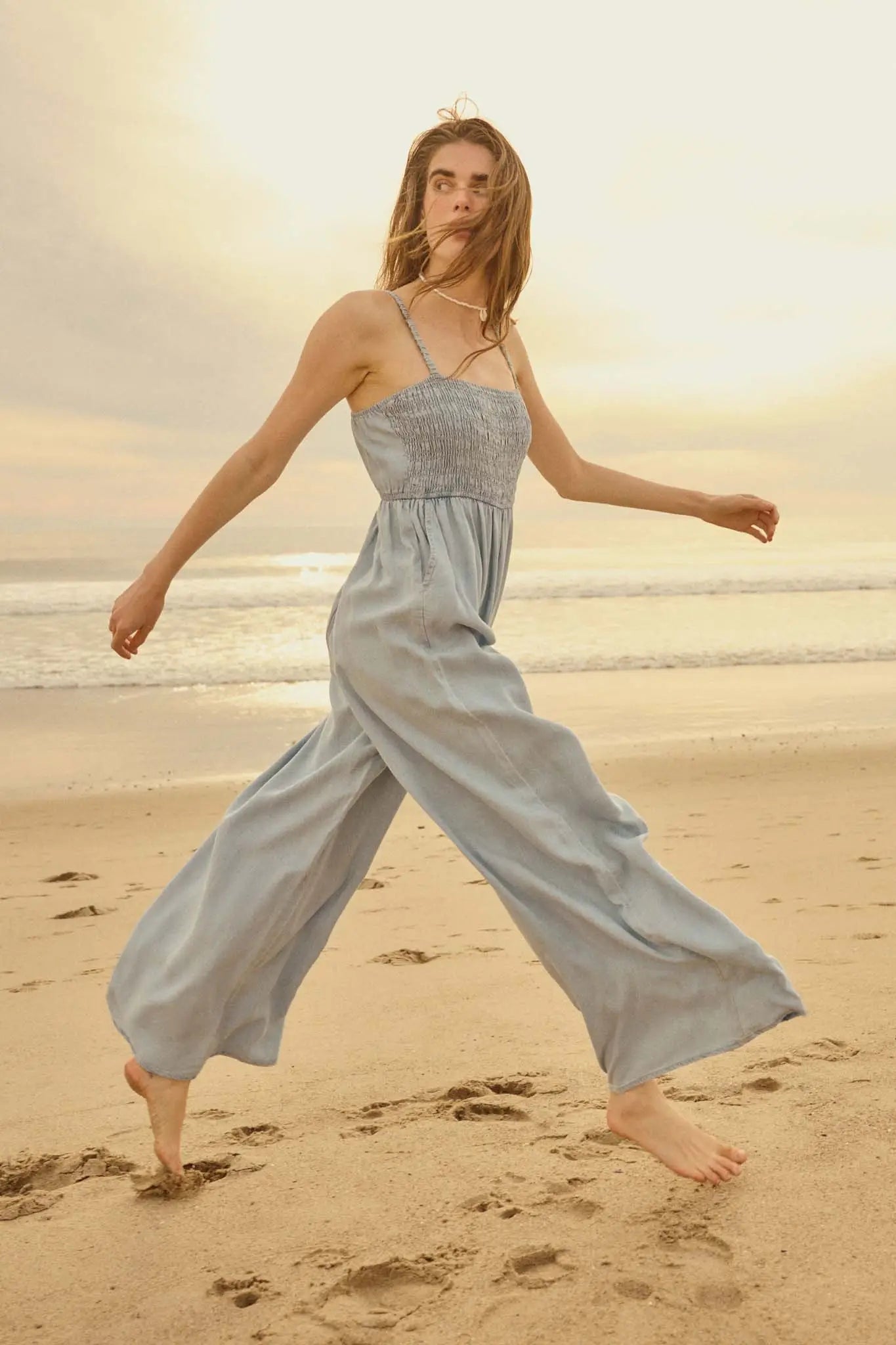 Into the Blue Smocked Denim Wide-Leg Jumpsuit