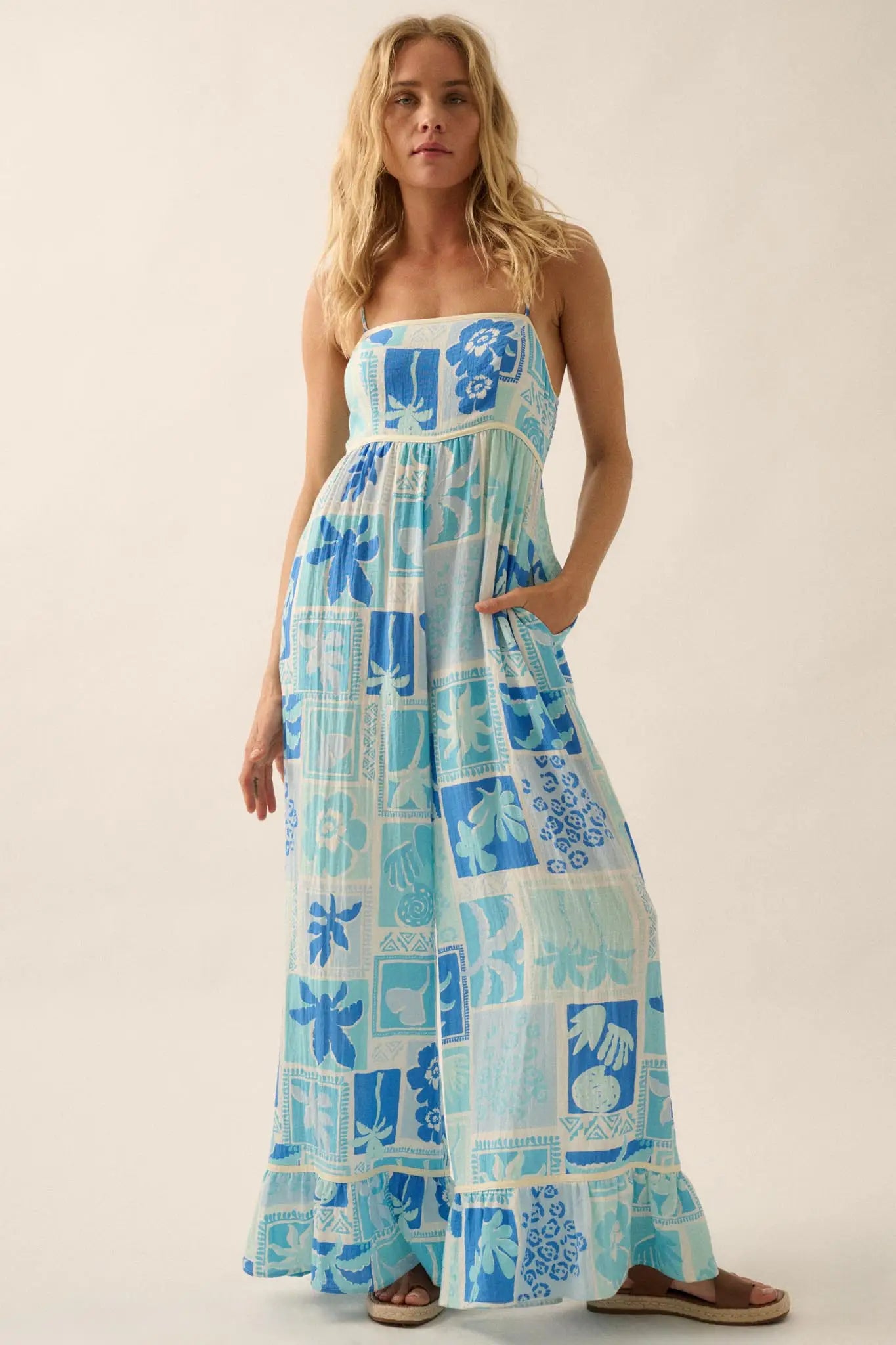 Escape Plan Tropical Floral Ruffle-Hem Jumpsuit