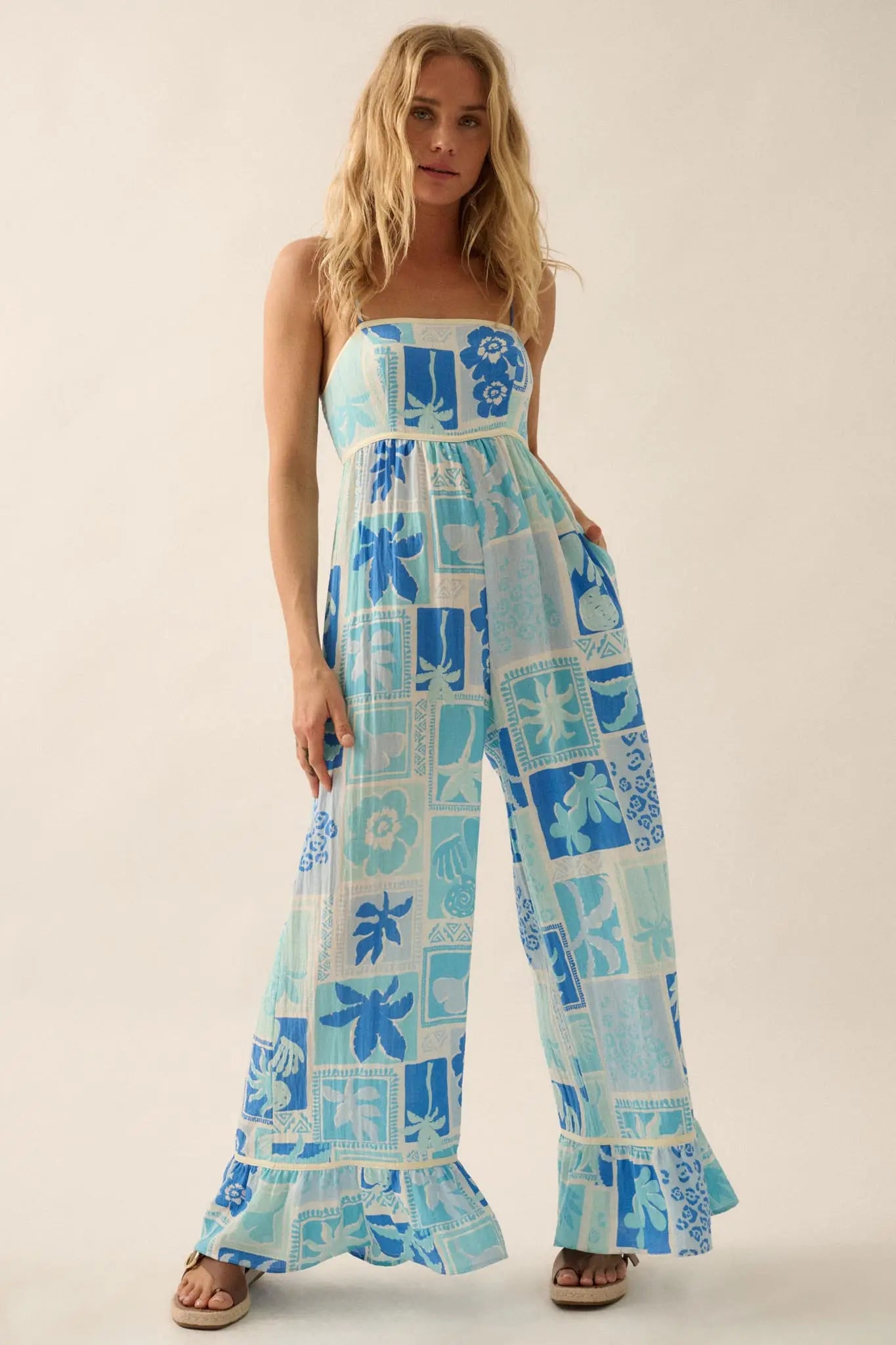 Escape Plan Tropical Floral Ruffle-Hem Jumpsuit