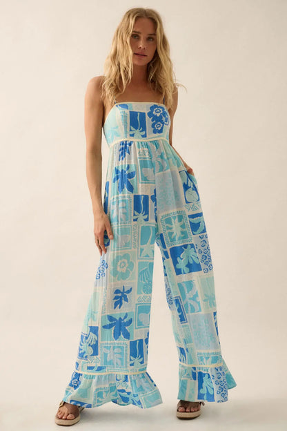 Escape Plan Tropical Floral Ruffle-Hem Jumpsuit