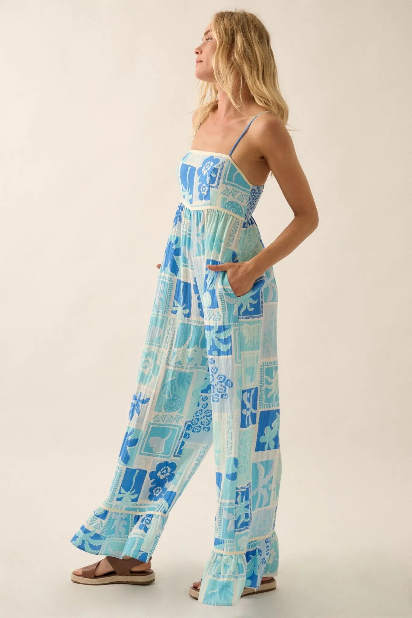 Escape Plan Tropical Floral Ruffle-Hem Jumpsuit