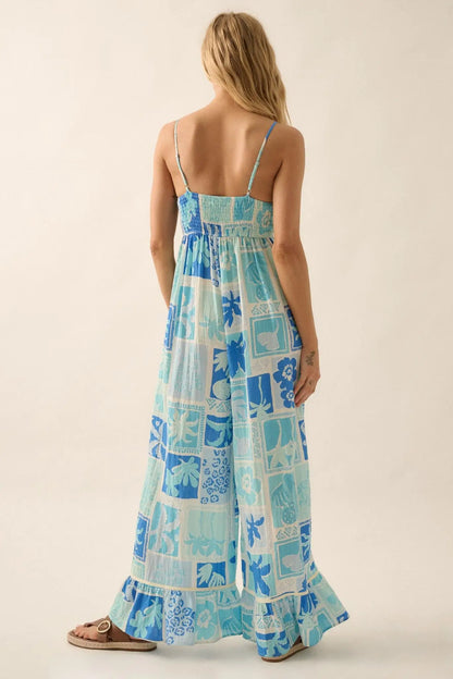 Escape Plan Tropical Floral Ruffle-Hem Jumpsuit