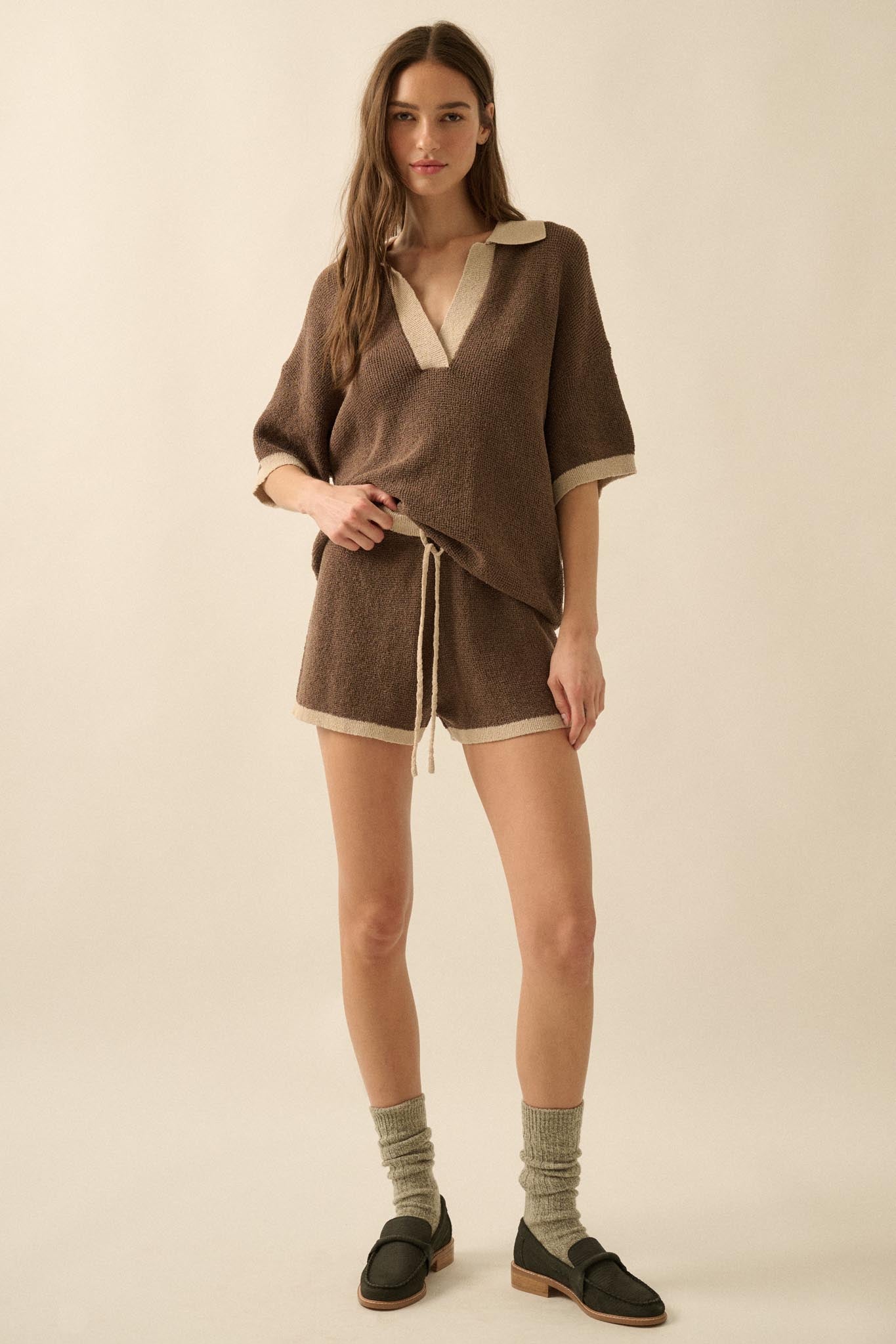 Easy Breezy Contrast Knit Drawstring Shorts