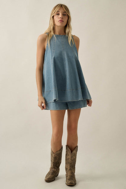Pure Jeanius Denim Sleeveless A-Line Layered Romper