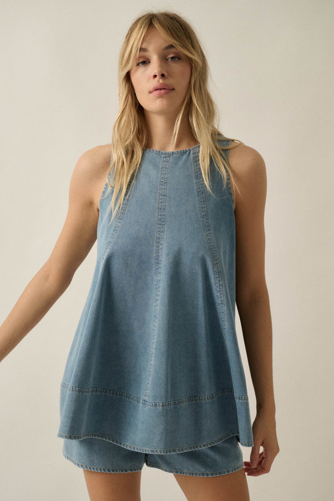 Pure Jeanius Denim Sleeveless A-Line Layered Romper