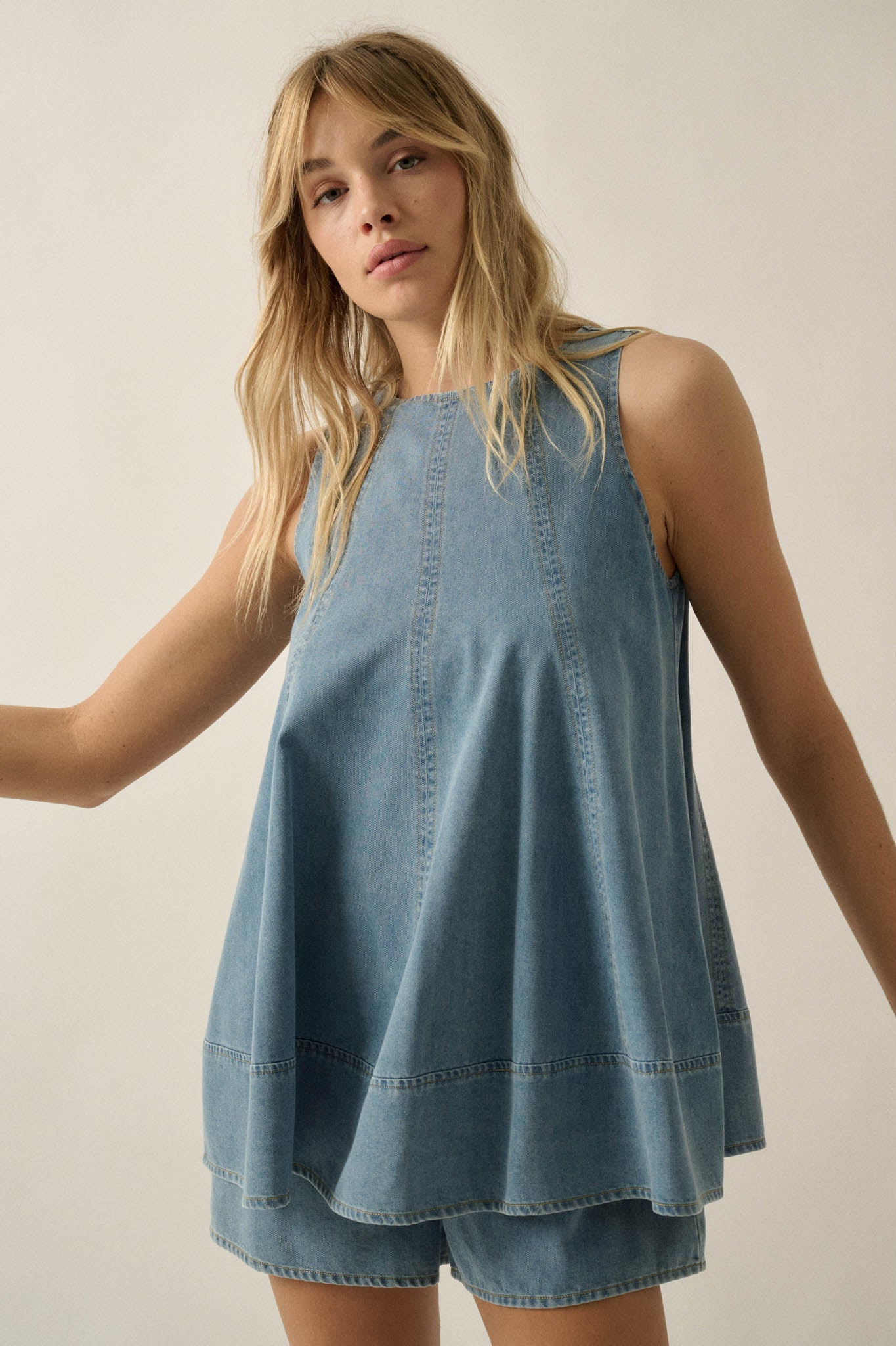 Pure Jeanius Denim Sleeveless A-Line Layered Romper