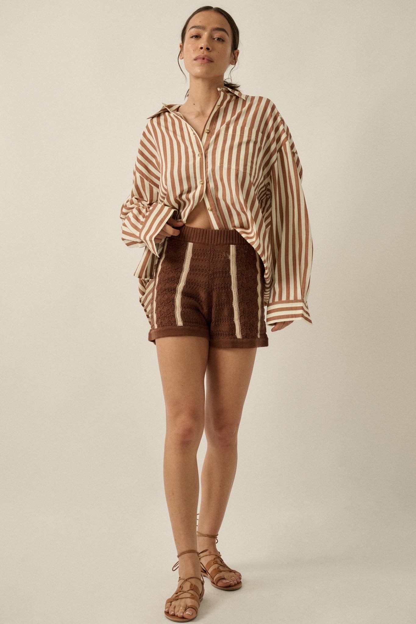 Down the Road Striped Crochet-Knit Sweater Shorts
