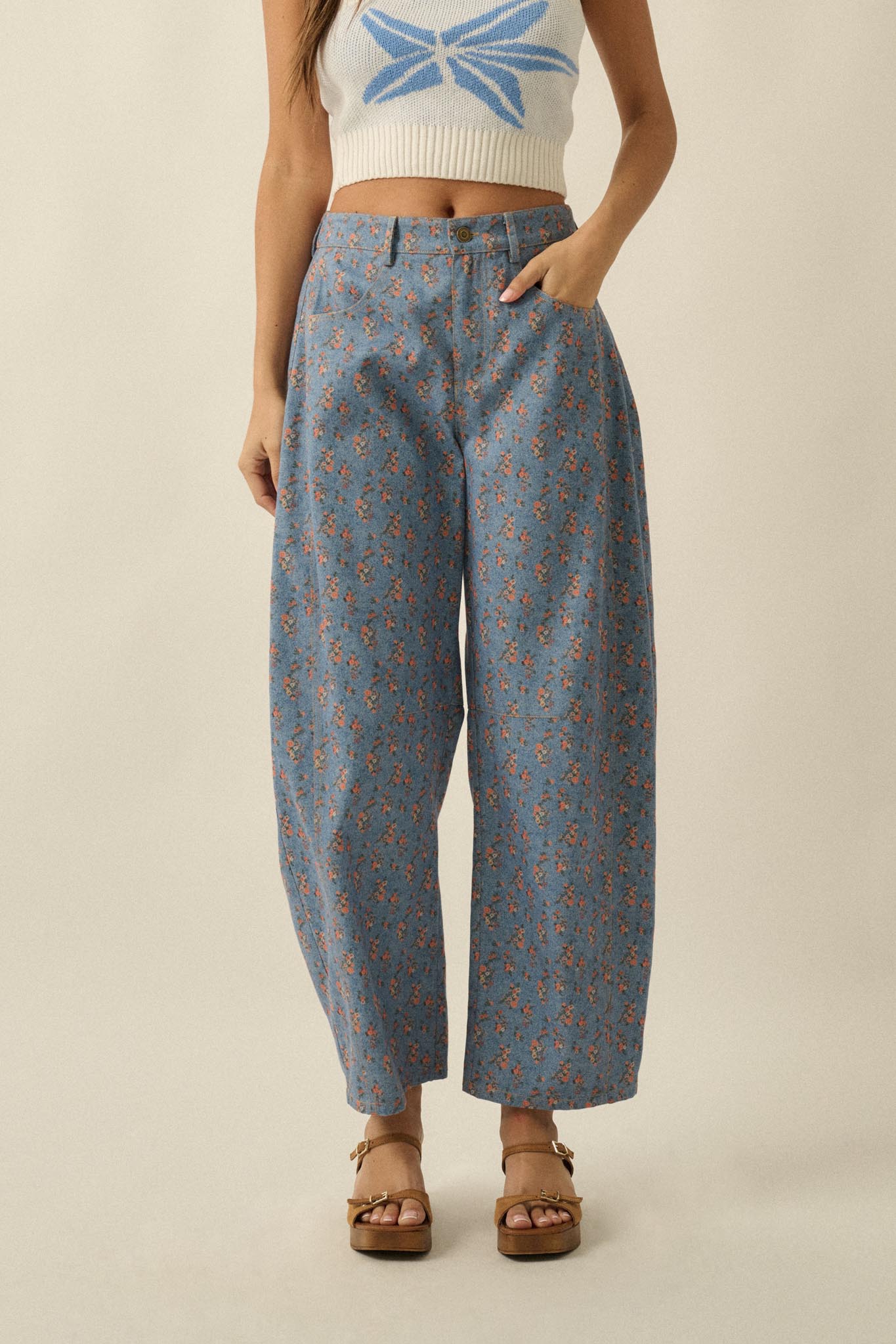 Blooming Blues Floral-Print Denim Barrel Jeans