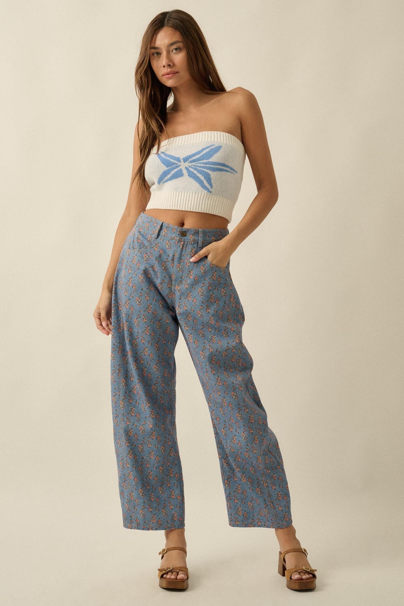 Blooming Blues Floral-Print Denim Barrel Jeans
