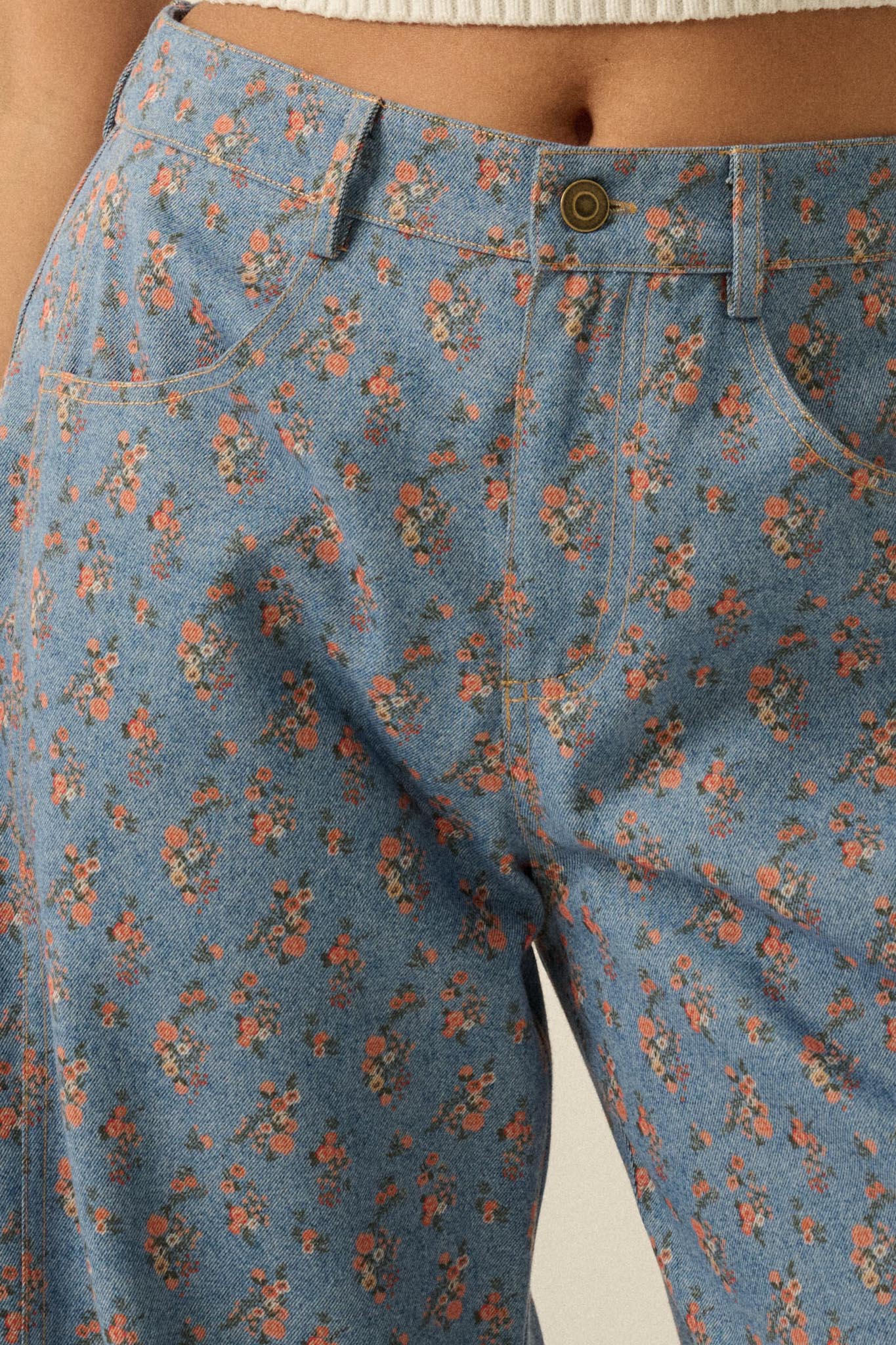 Blooming Blues Floral-Print Denim Barrel Jeans