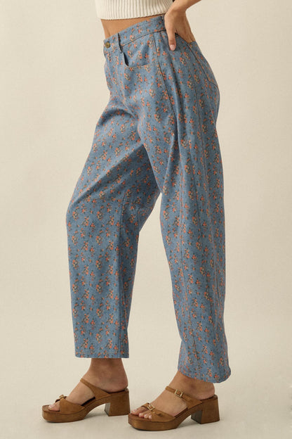 Blooming Blues Floral-Print Denim Barrel Jeans