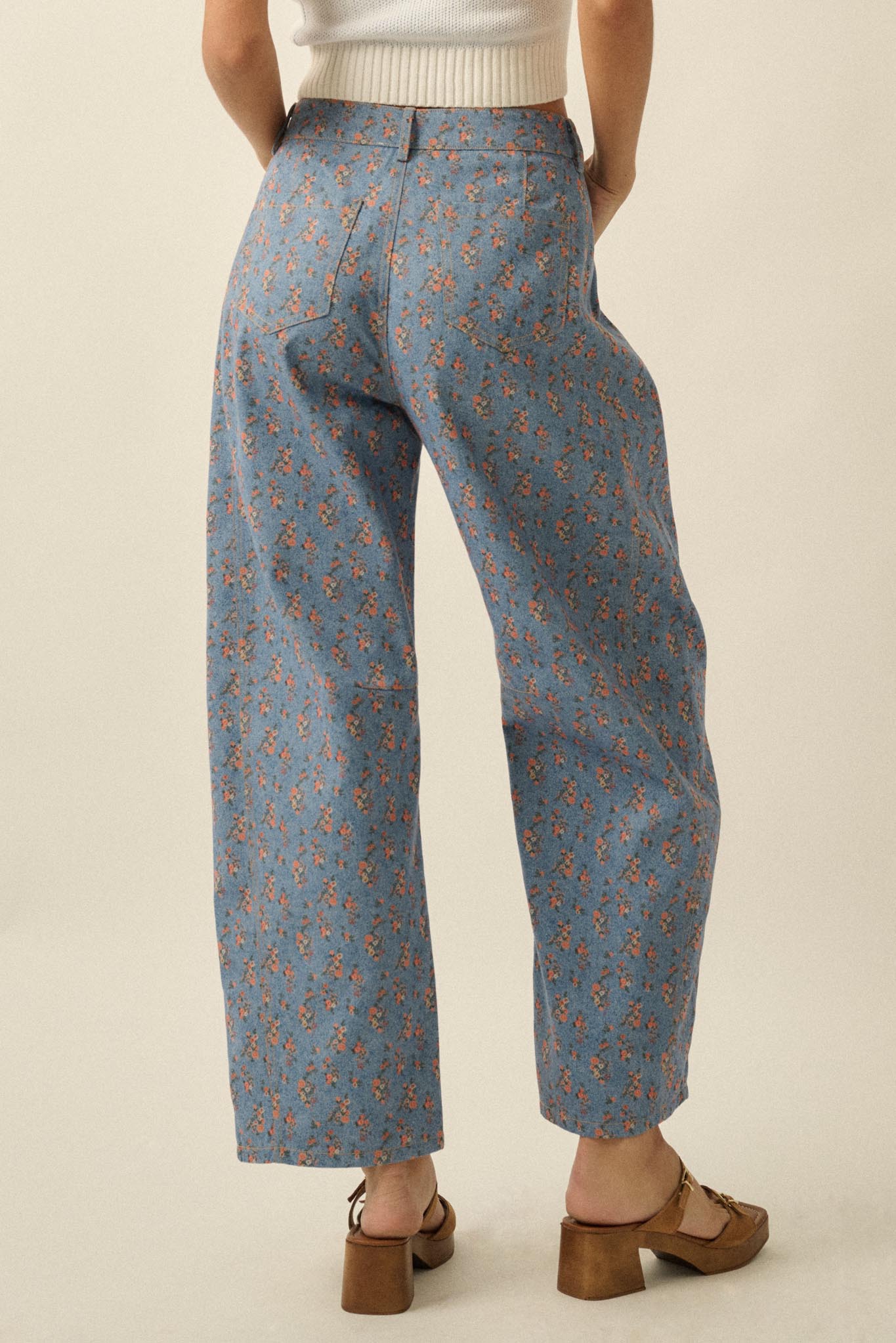 Blooming Blues Floral-Print Denim Barrel Jeans