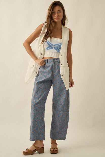 Blooming Blues Floral-Print Denim Barrel Jeans