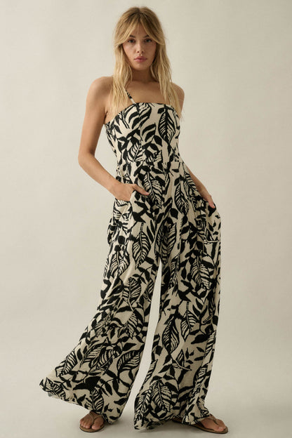 Lush Leaves Tropical-Print Wide-Leg Cami Jumpsuit