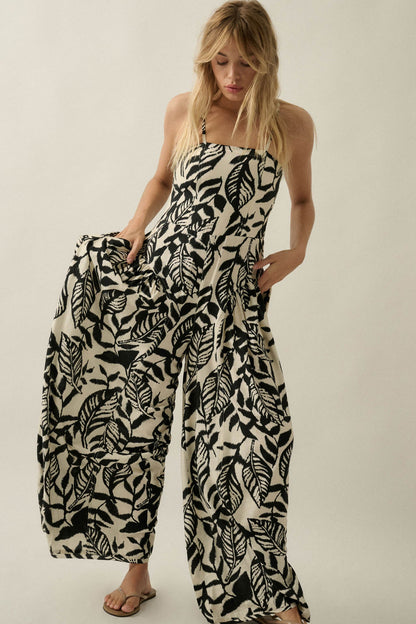 Lush Leaves Tropical-Print Wide-Leg Cami Jumpsuit