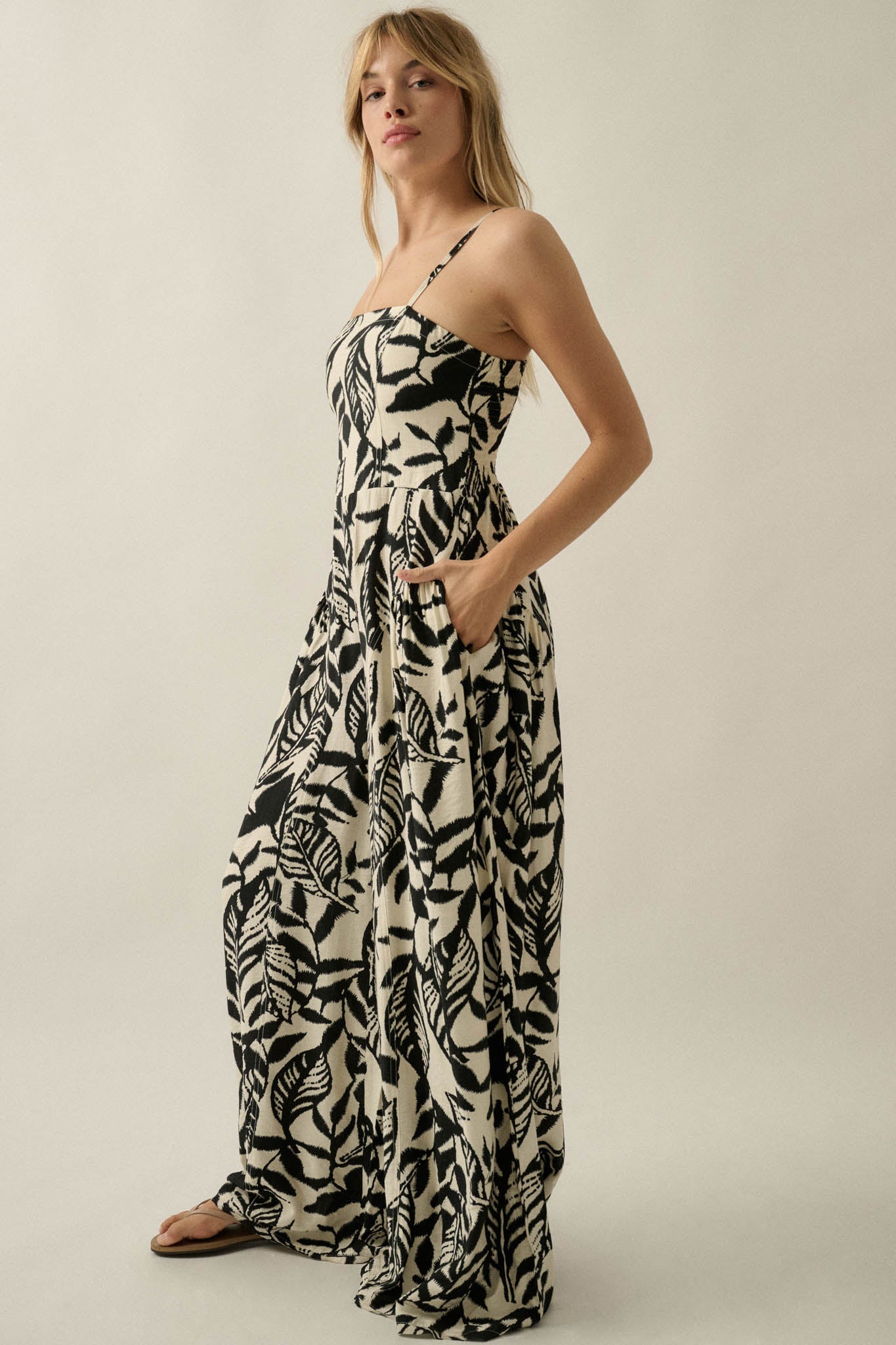 Lush Leaves Tropical-Print Wide-Leg Cami Jumpsuit