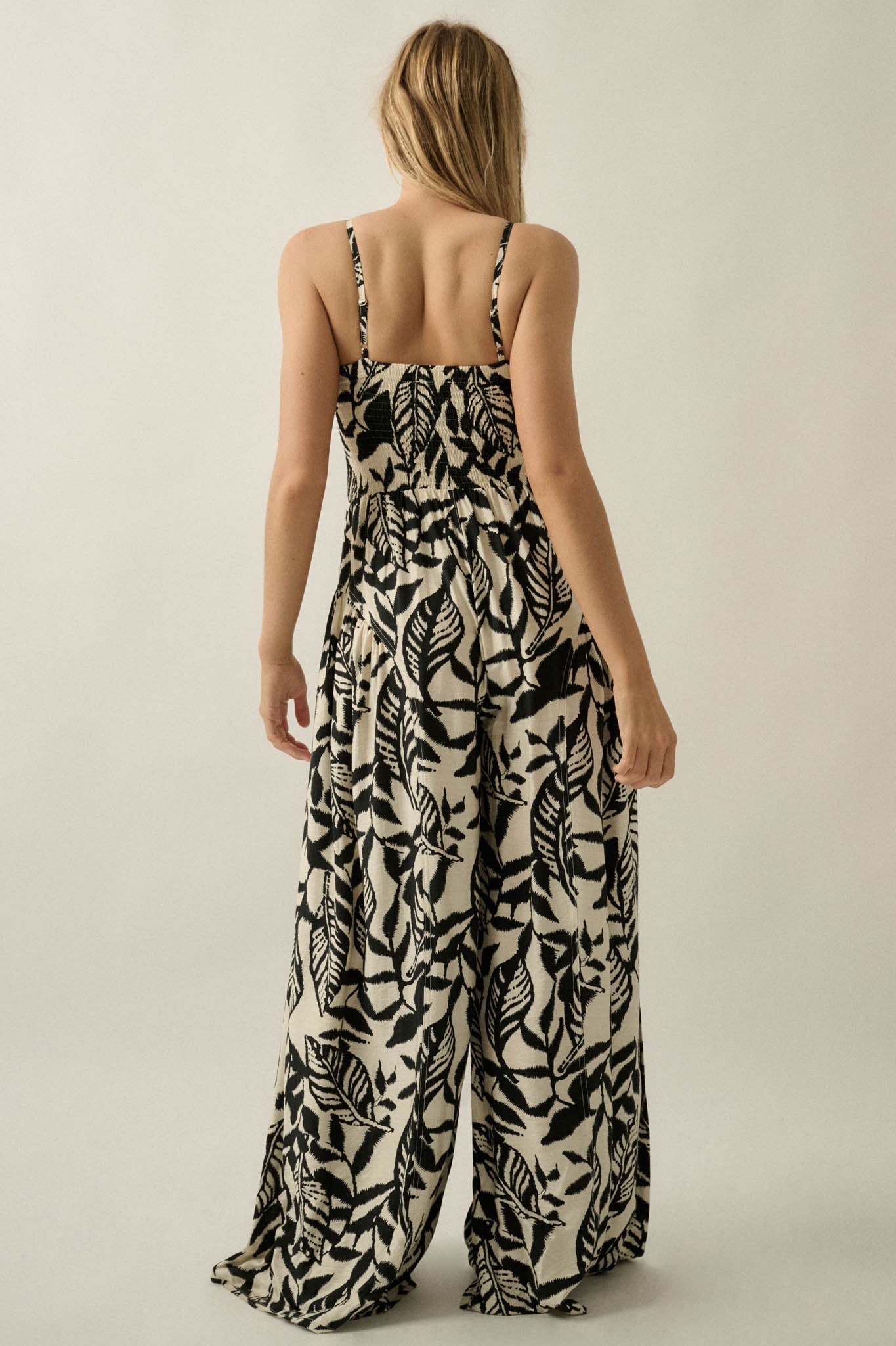Lush Leaves Tropical-Print Wide-Leg Cami Jumpsuit