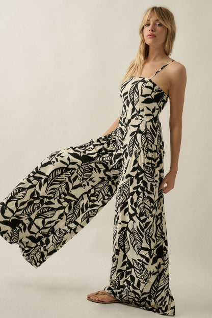 Lush Leaves Tropical-Print Wide-Leg Cami Jumpsuit