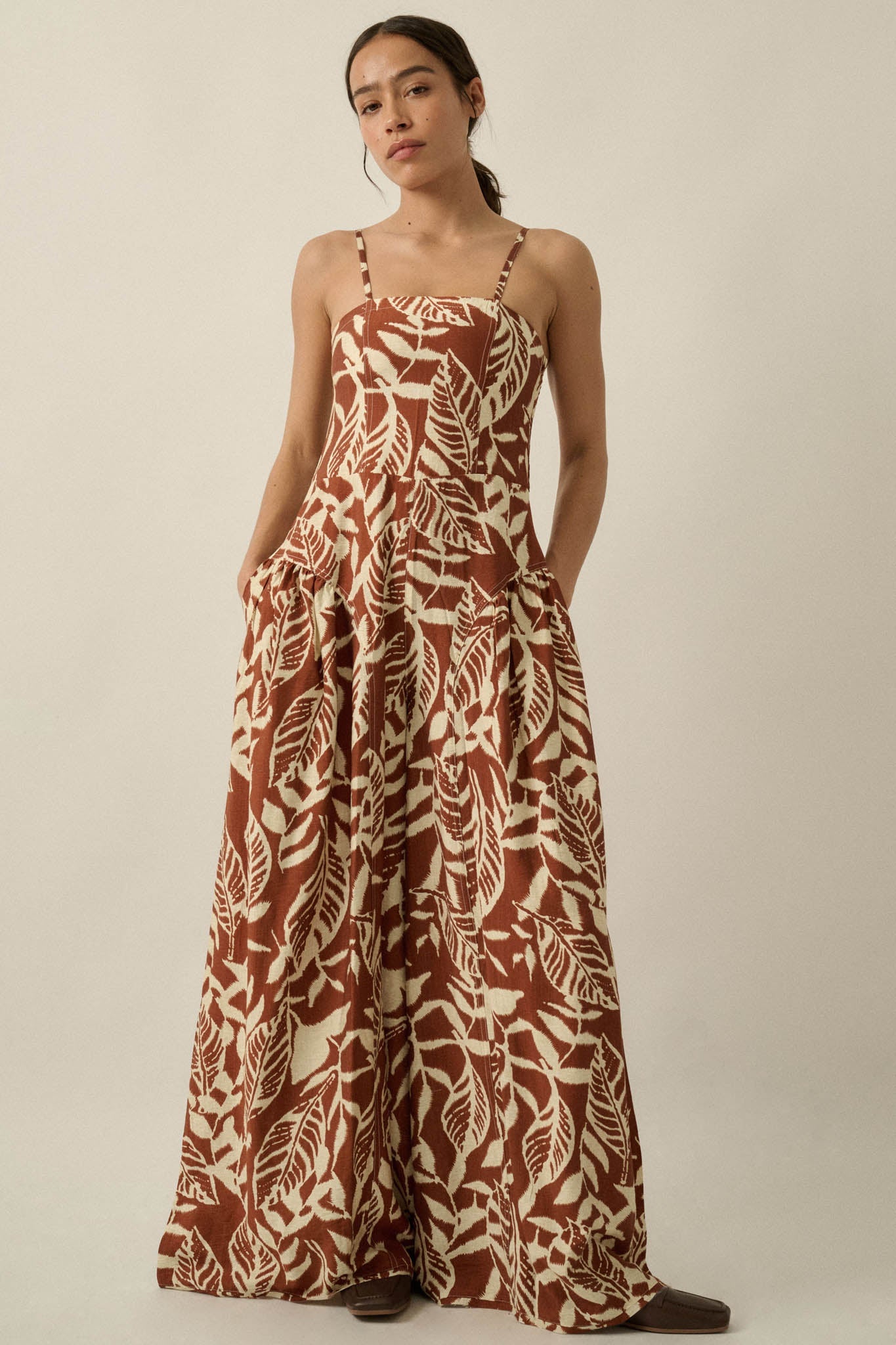 Lush Leaves Tropical-Print Wide-Leg Cami Jumpsuit