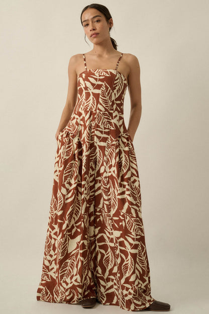 Lush Leaves Tropical-Print Wide-Leg Cami Jumpsuit