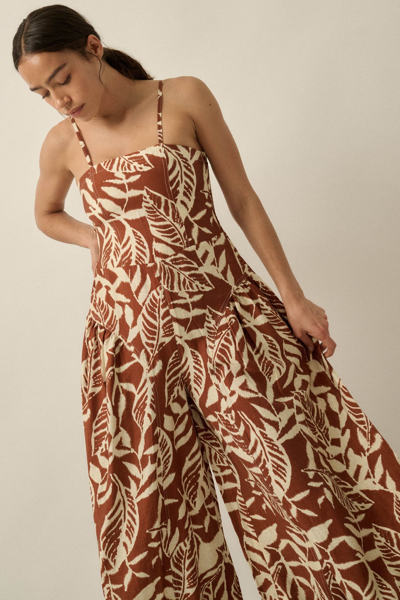 Lush Leaves Tropical-Print Wide-Leg Cami Jumpsuit