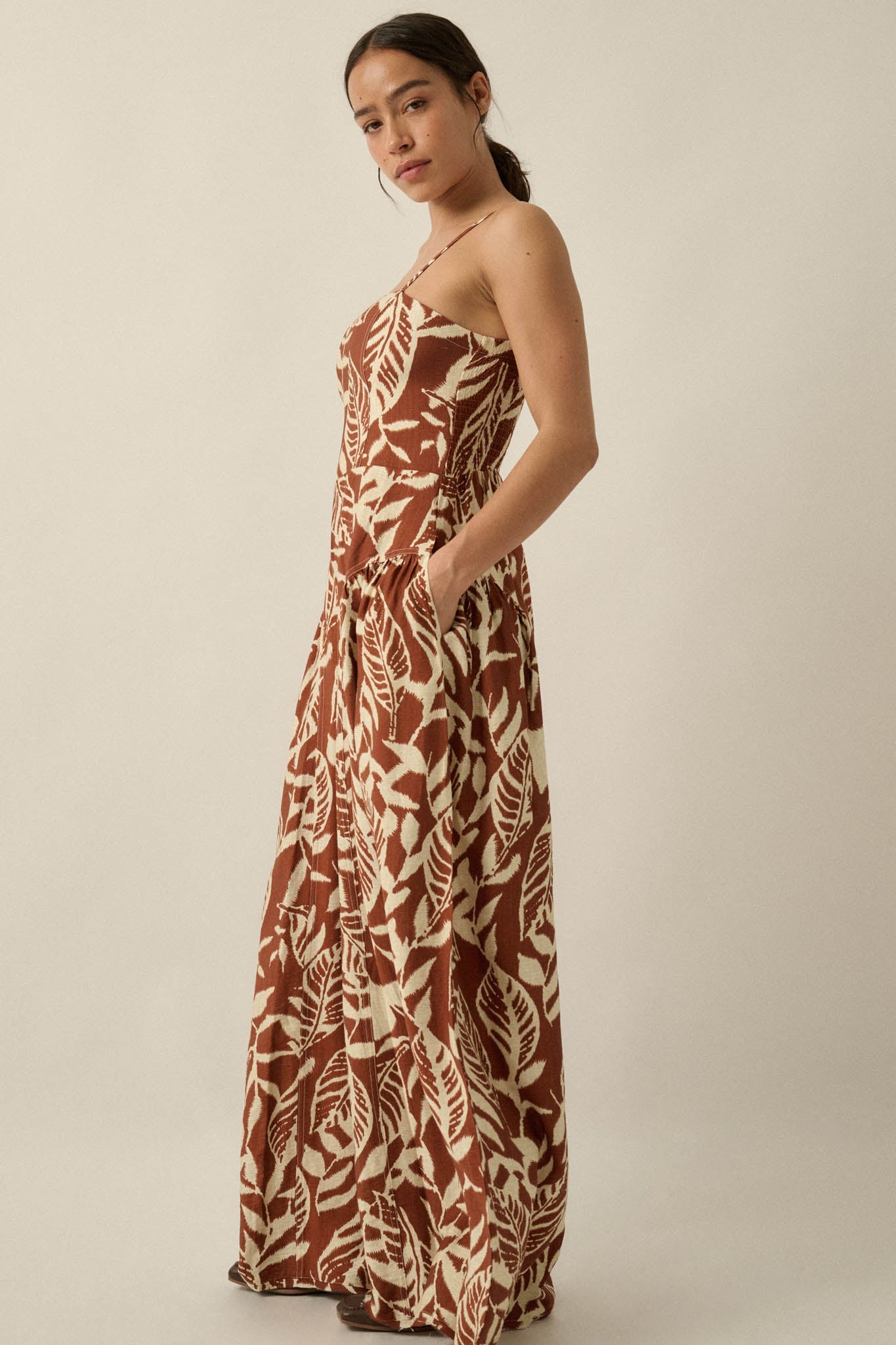 Lush Leaves Tropical-Print Wide-Leg Cami Jumpsuit