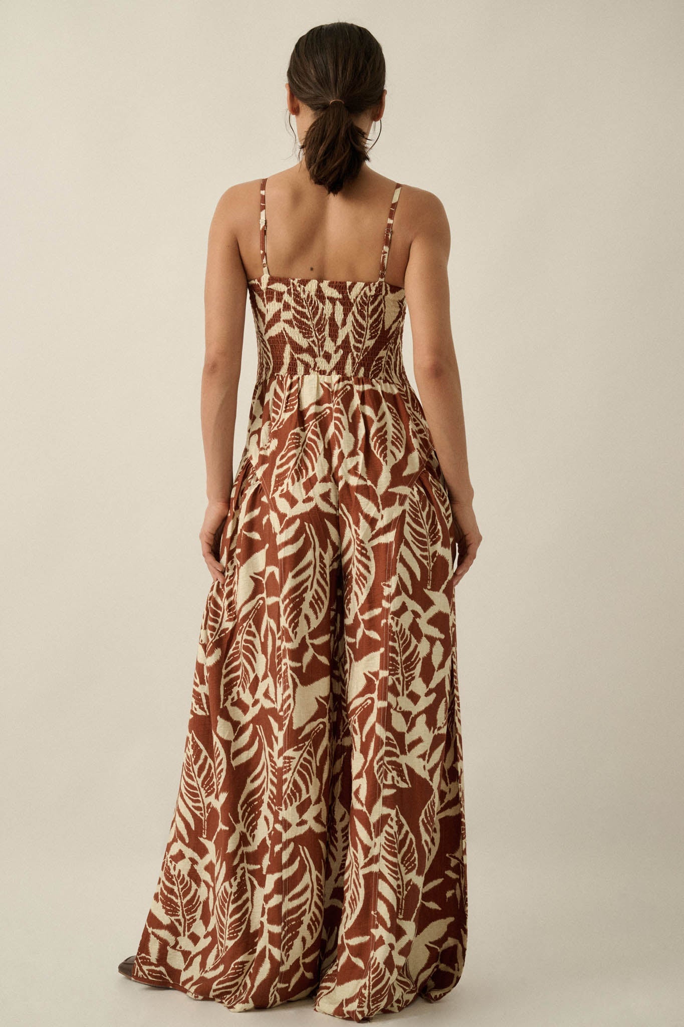 Lush Leaves Tropical-Print Wide-Leg Cami Jumpsuit