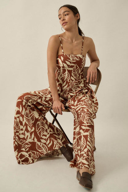 Lush Leaves Tropical-Print Wide-Leg Cami Jumpsuit