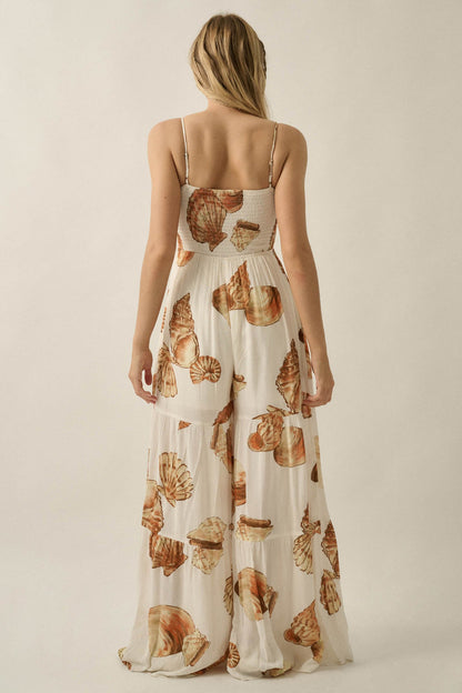 Shell Game Shell-Print Wide-Leg Ruffle Jumpsuit