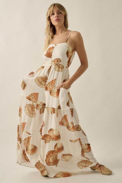 Shell Game Shell-Print Wide-Leg Ruffle Jumpsuit