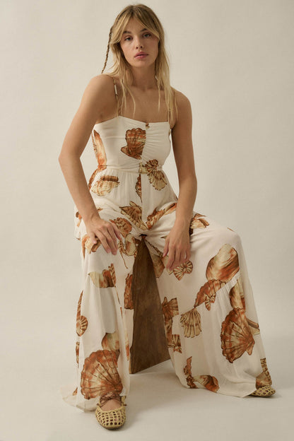 Shell Game Shell-Print Wide-Leg Ruffle Jumpsuit