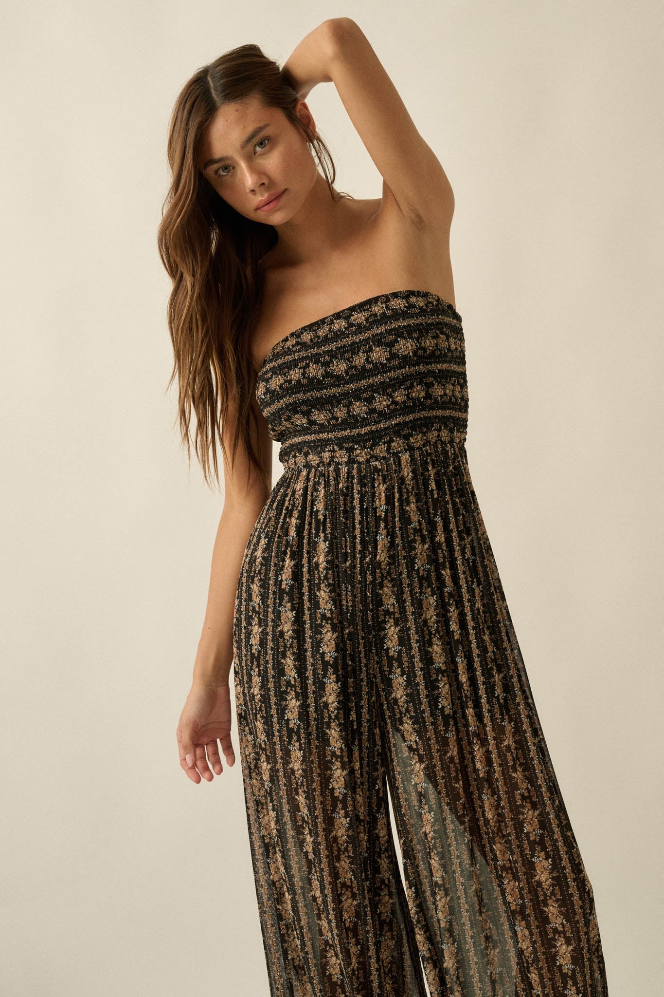 Plenty of Petals Floral Mesh Strapless Jumpsuit