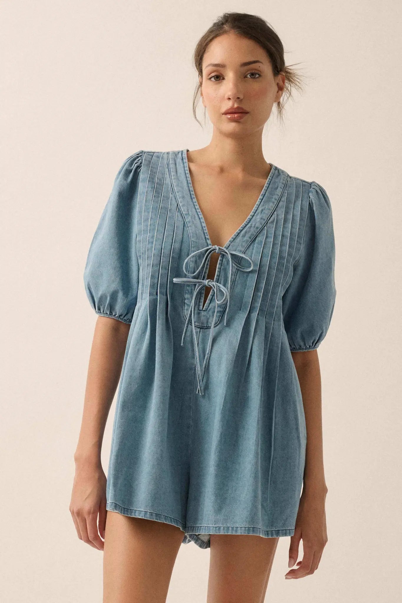 Denim Princess Pleated Puff-Sleeve Babydoll Romper