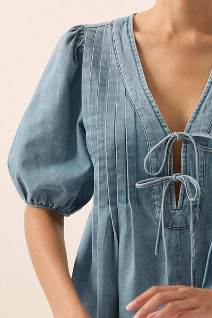 Denim Princess Pleated Puff-Sleeve Babydoll Romper