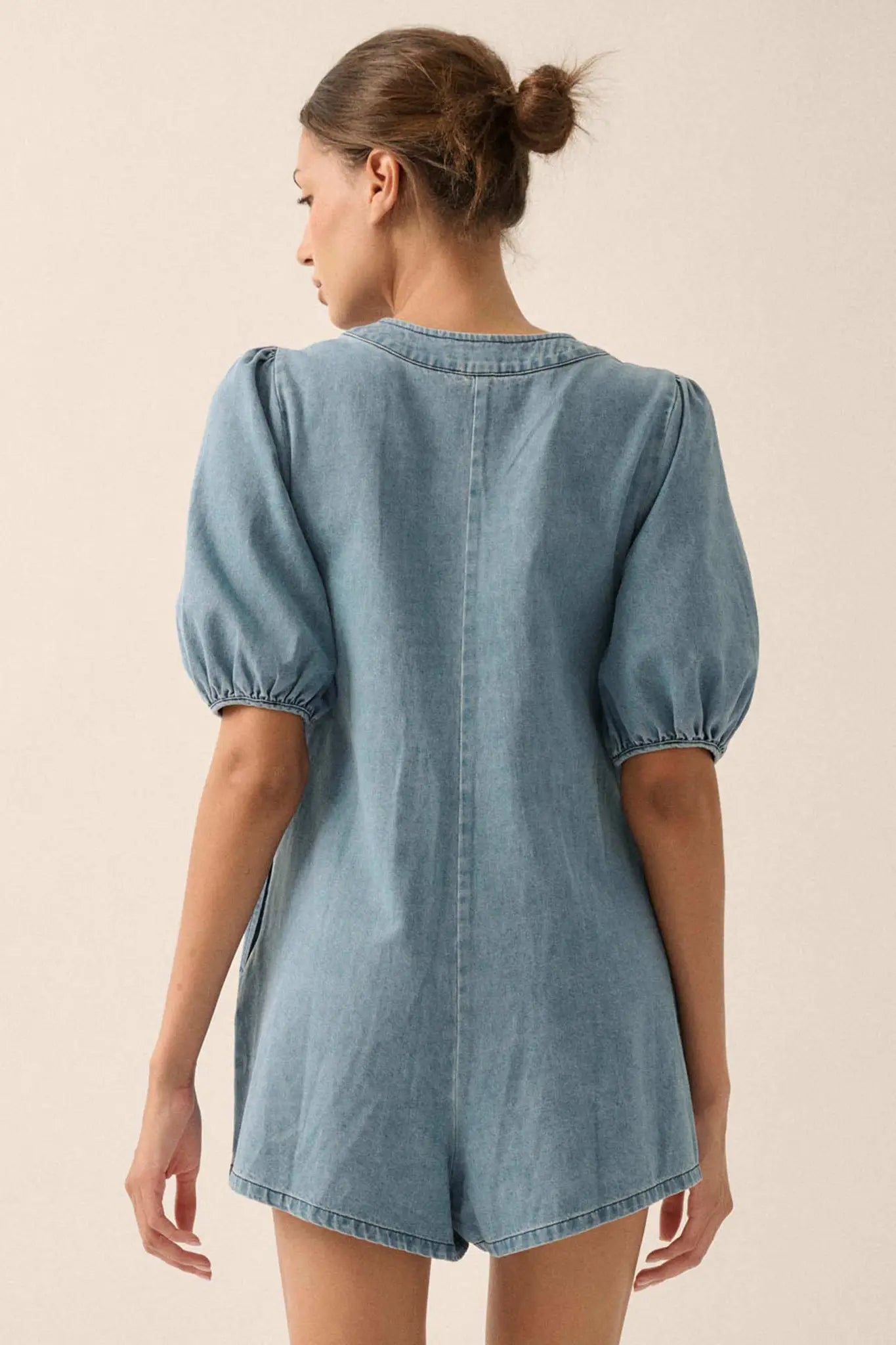 Denim Princess Pleated Puff-Sleeve Babydoll Romper