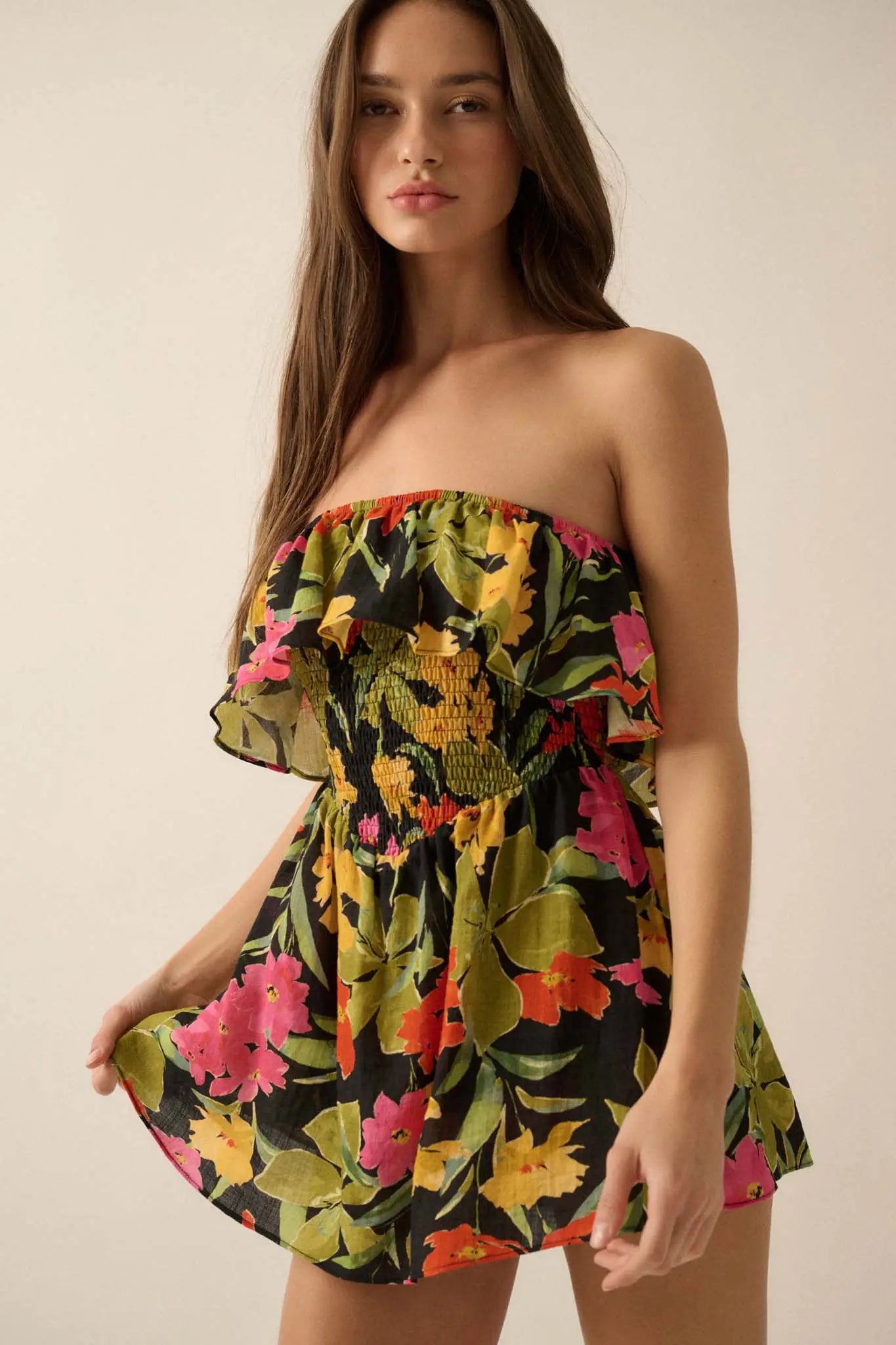 Lei'd Back Tropical Floral Strapless Romper