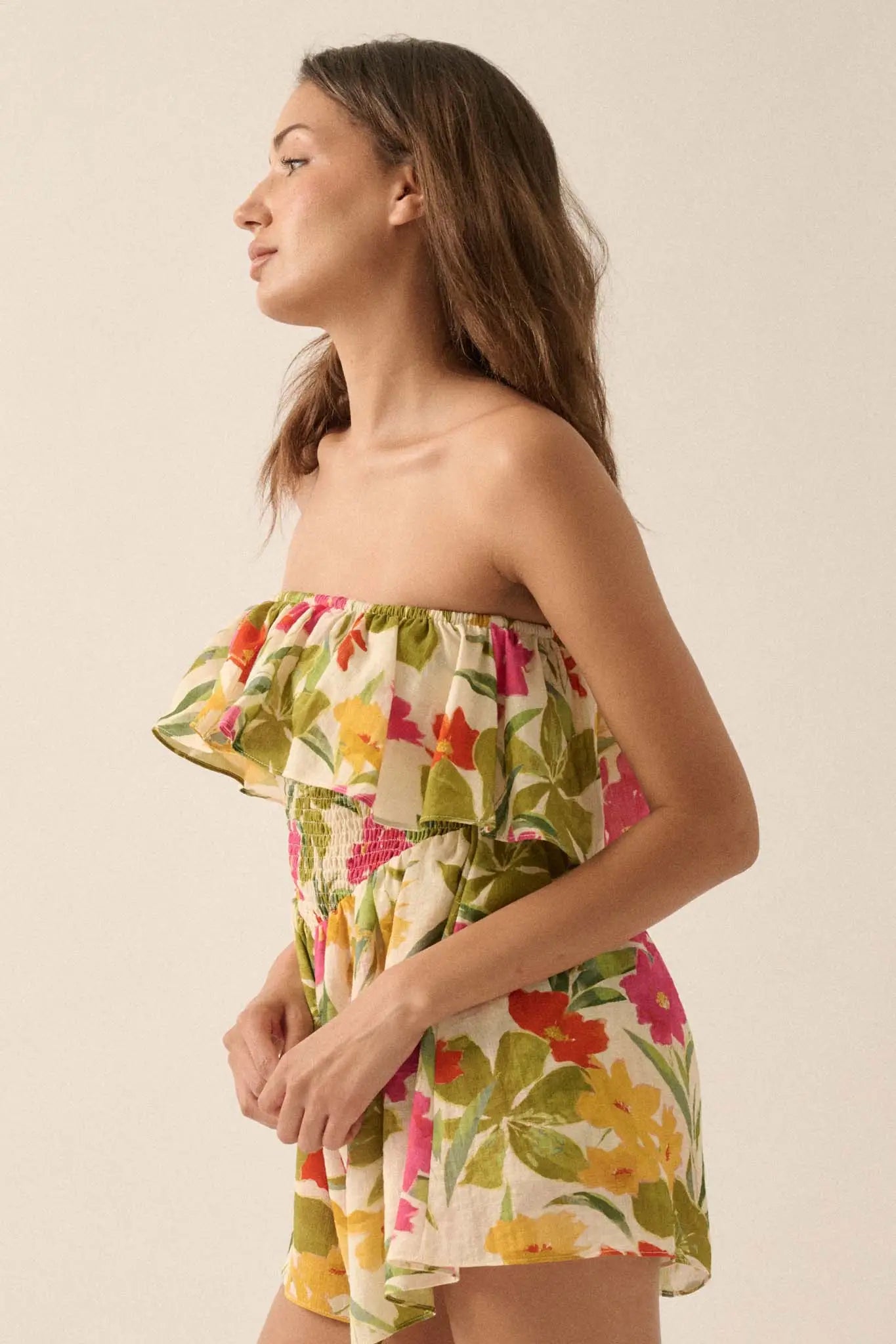 Lei'd Back Tropical Floral Strapless Romper