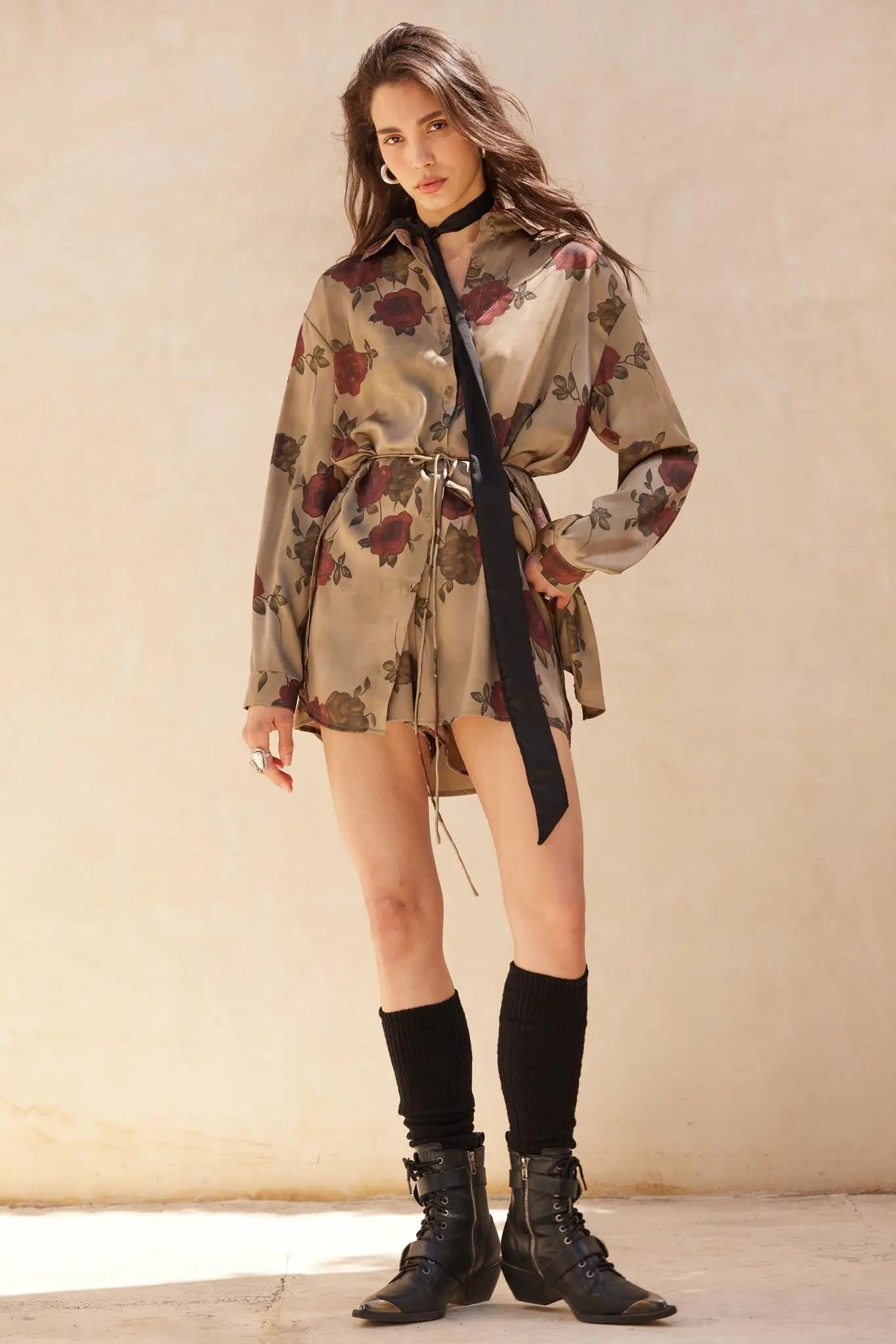 Beautiful World Floral Satin Belted Shirt Romper