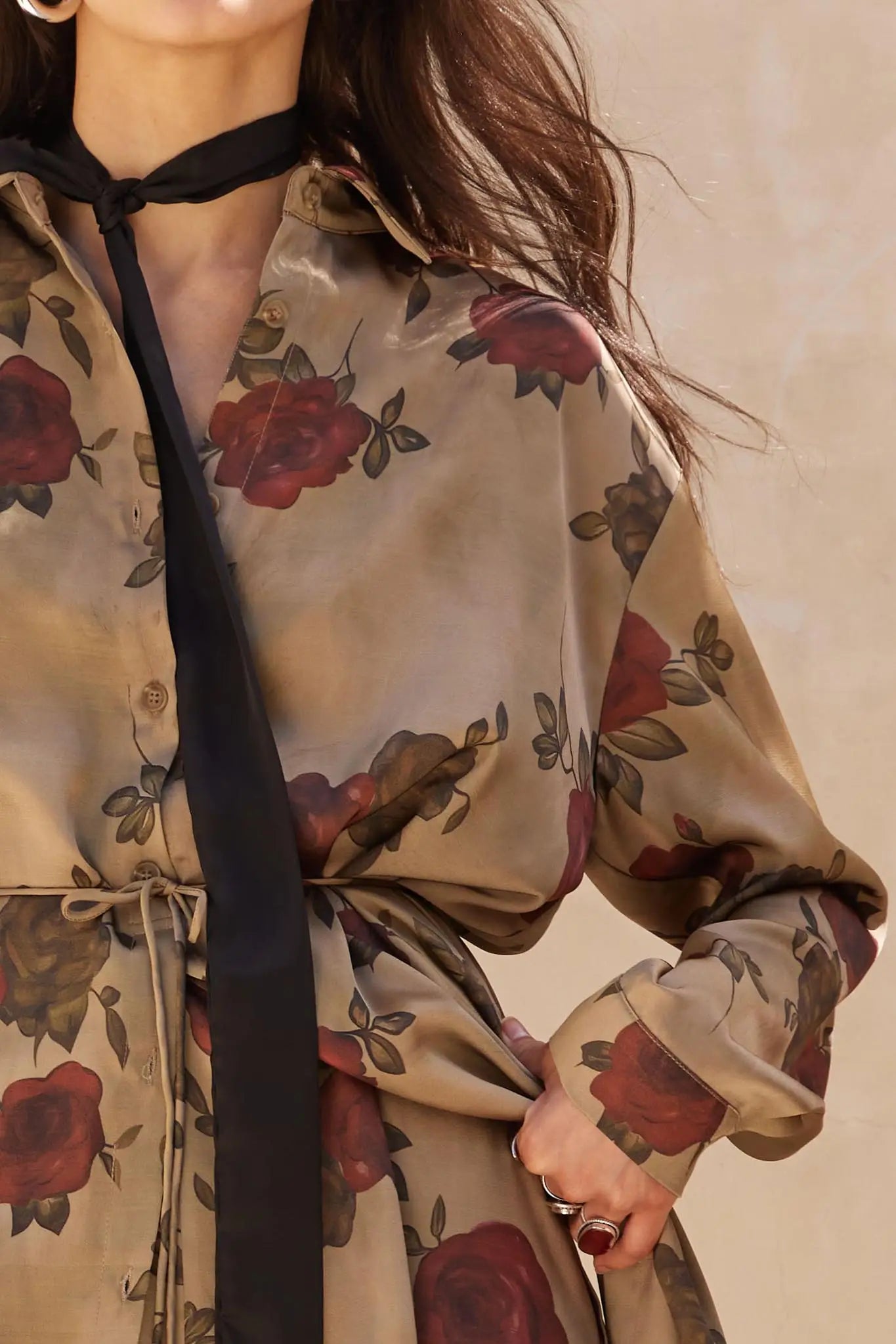 Beautiful World Floral Satin Belted Shirt Romper