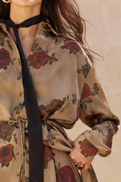 Beautiful World Floral Satin Belted Shirt Romper