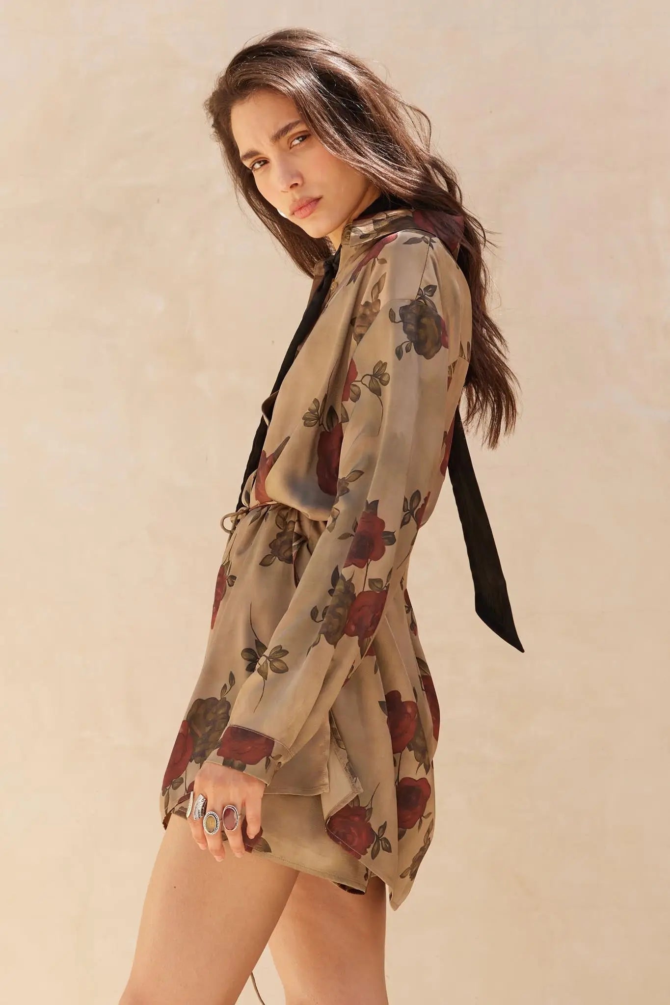 Beautiful World Floral Satin Belted Shirt Romper