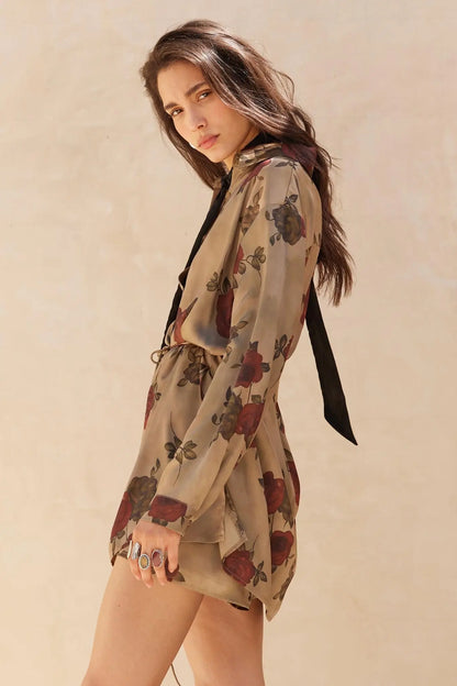 Beautiful World Floral Satin Belted Shirt Romper