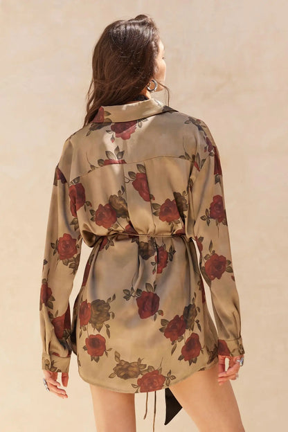 Beautiful World Floral Satin Belted Shirt Romper