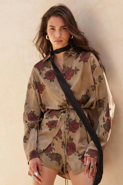 Beautiful World Floral Satin Belted Shirt Romper