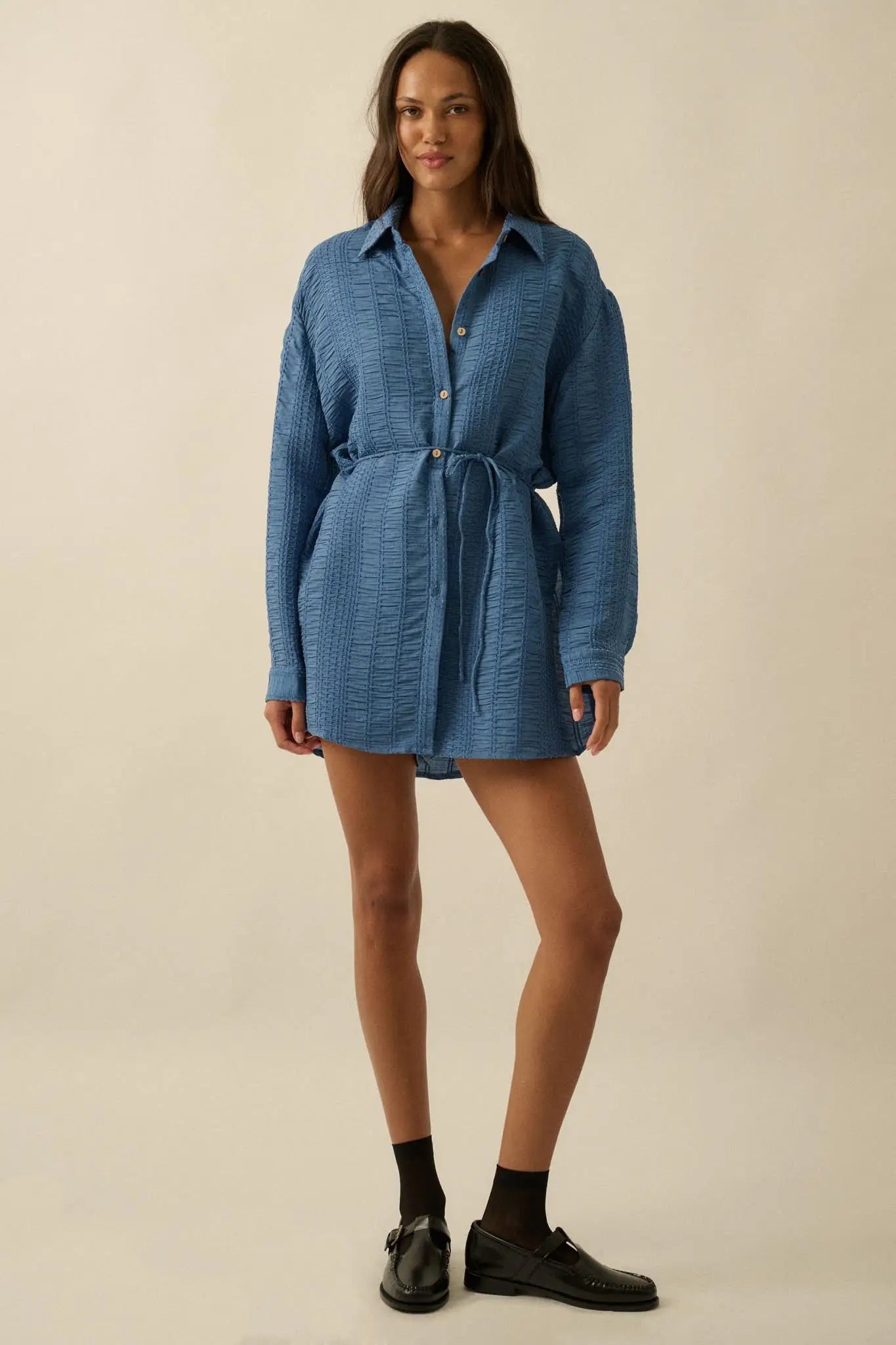 Perfect Day Smocked Button-Up Belted Shirt Romper