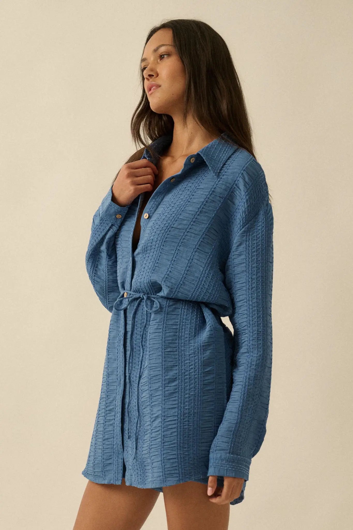 Perfect Day Smocked Button-Up Belted Shirt Romper
