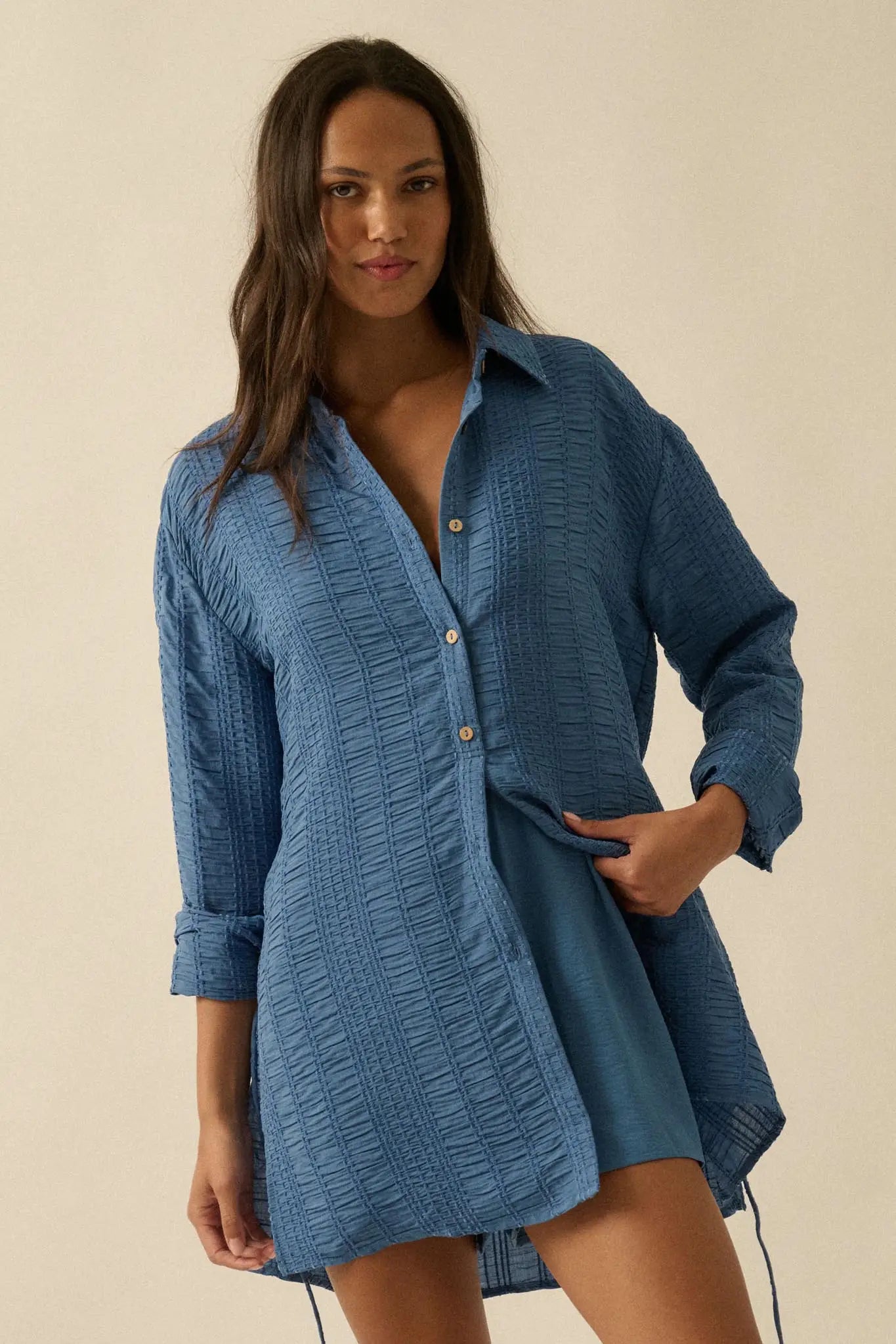 Perfect Day Smocked Button-Up Belted Shirt Romper