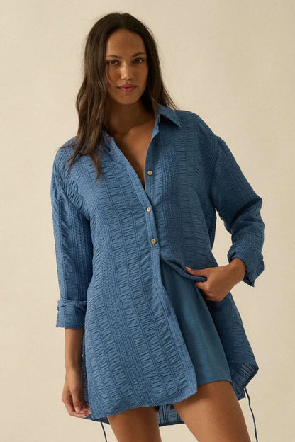 Perfect Day Smocked Button-Up Belted Shirt Romper