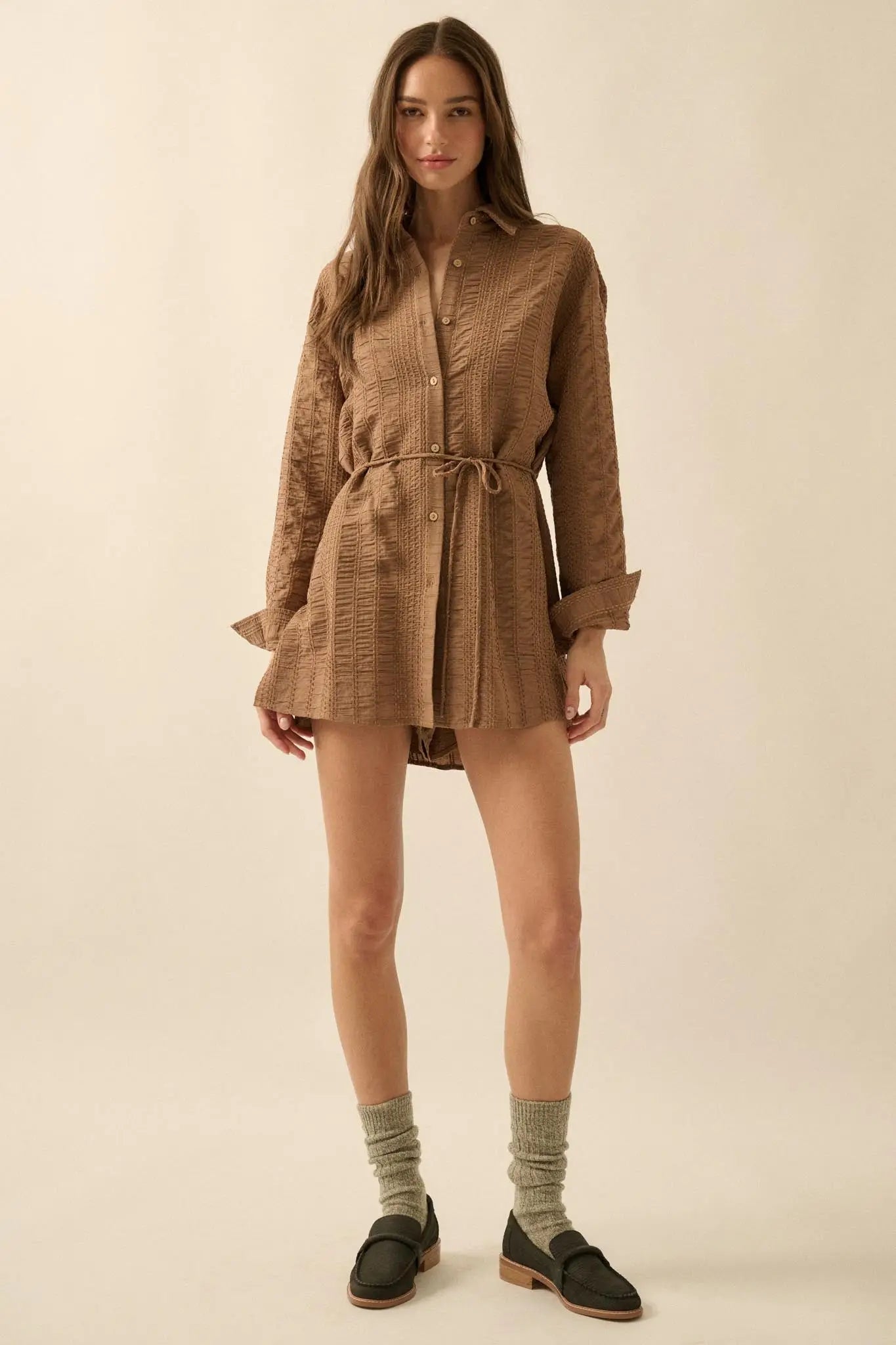 Perfect Day Smocked Button-Up Belted Shirt Romper
